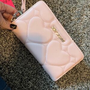 Betsey Johnson Light Pink Quilted Heart Wristlet Wallet with Gold Logo